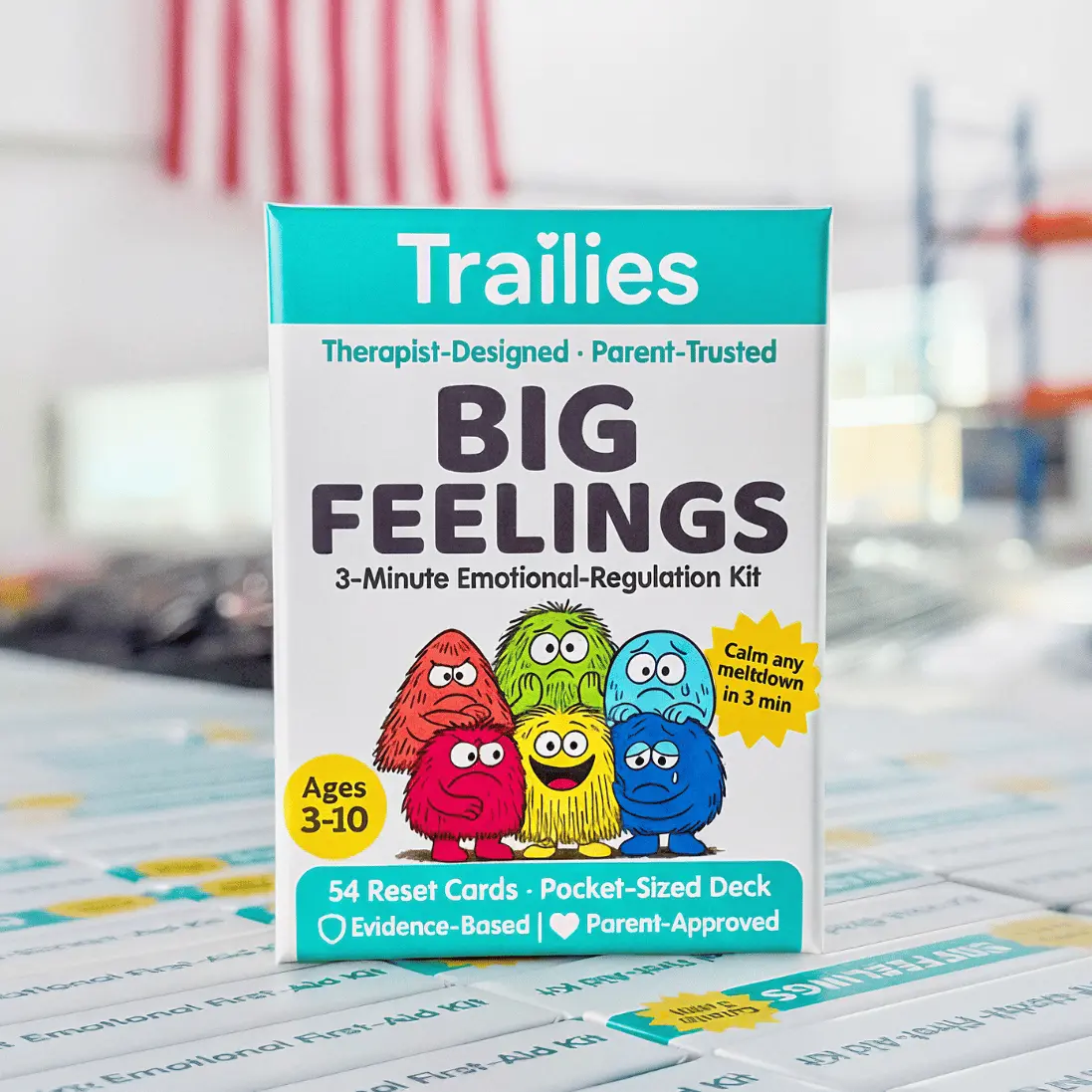 The Big Feelings Deck box on a kitchen table