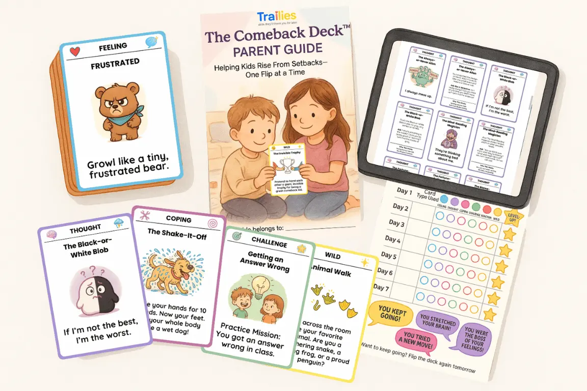 The Comeback Deck cards, parent guide, and phone version