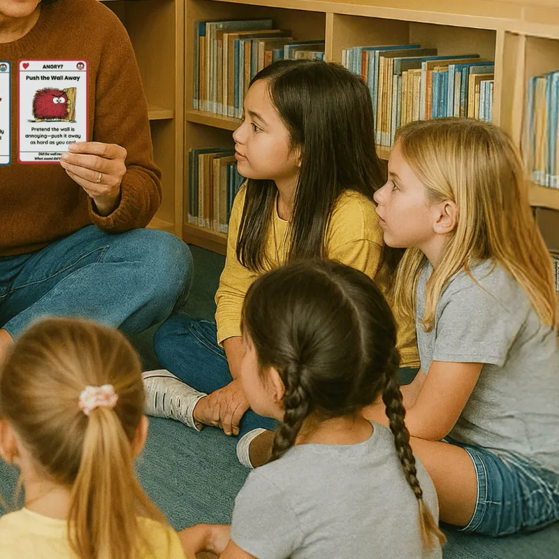 A grown-up holding a Big Feelings card up to a small circle of kids