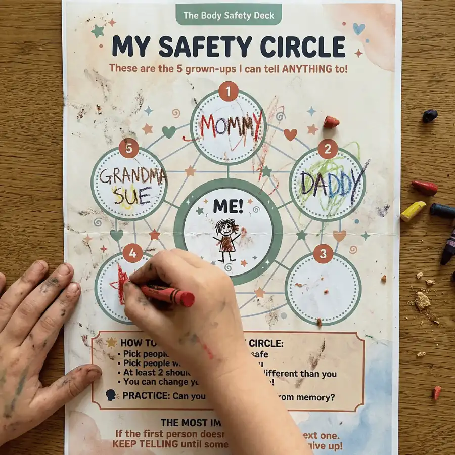 A child's crayon-stained hands writing their safe grown-ups on the My Safety Circle worksheet