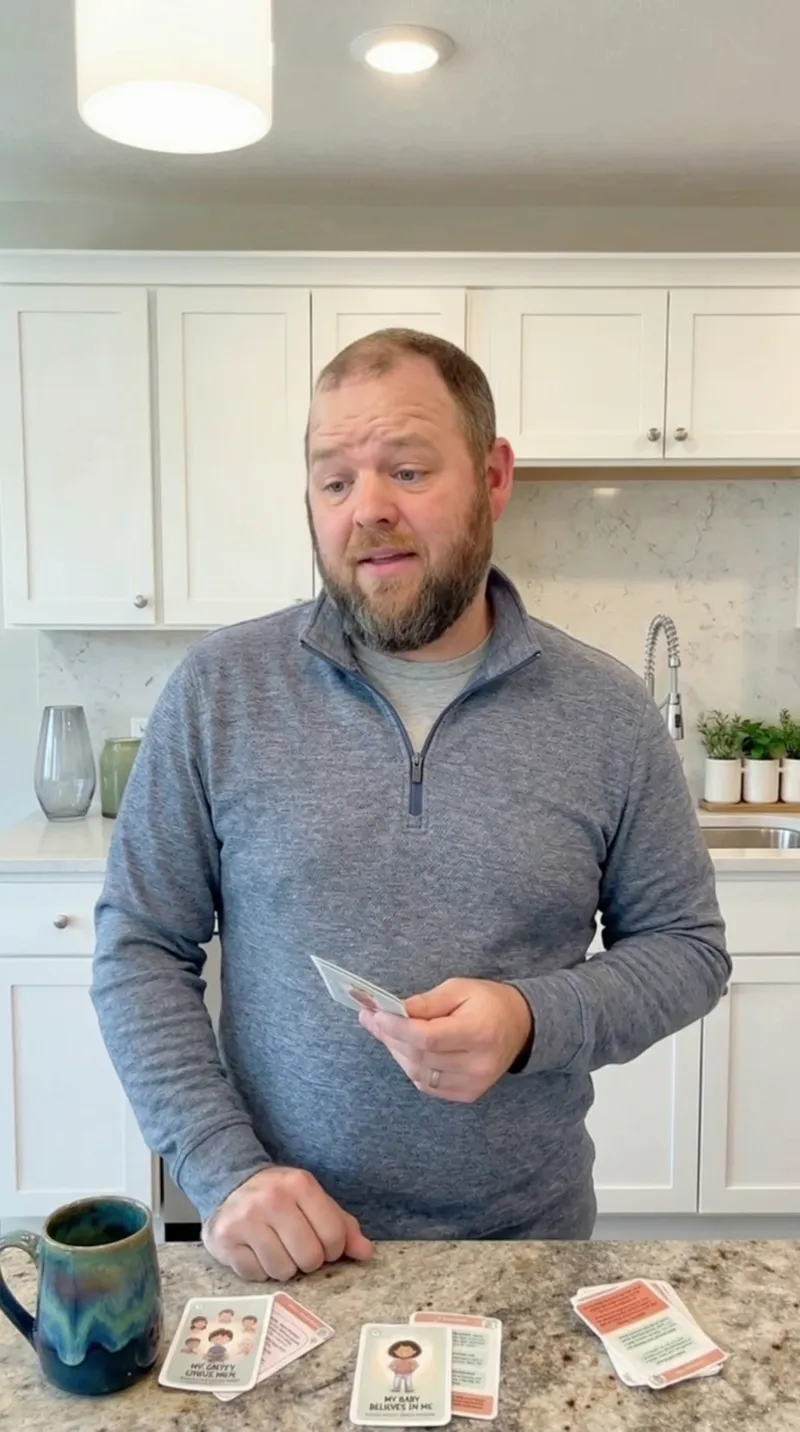 A dad going through the rule cards at the kitchen counter