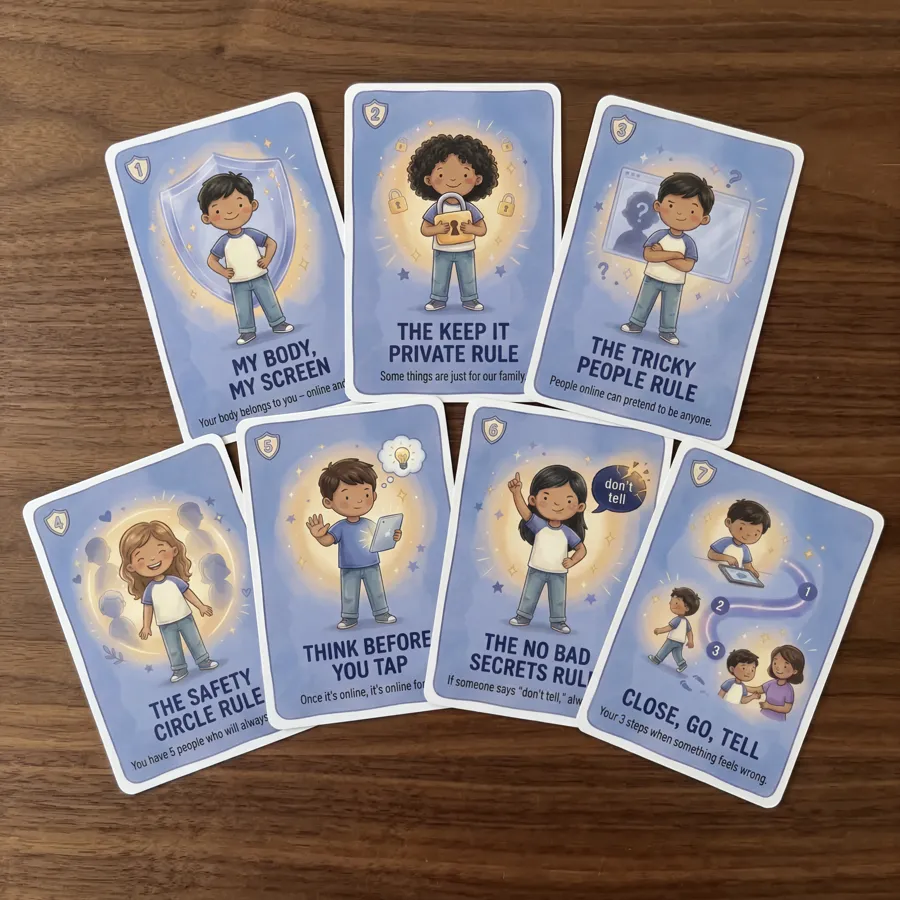 The 7 Online Safety Rules cards fanned out