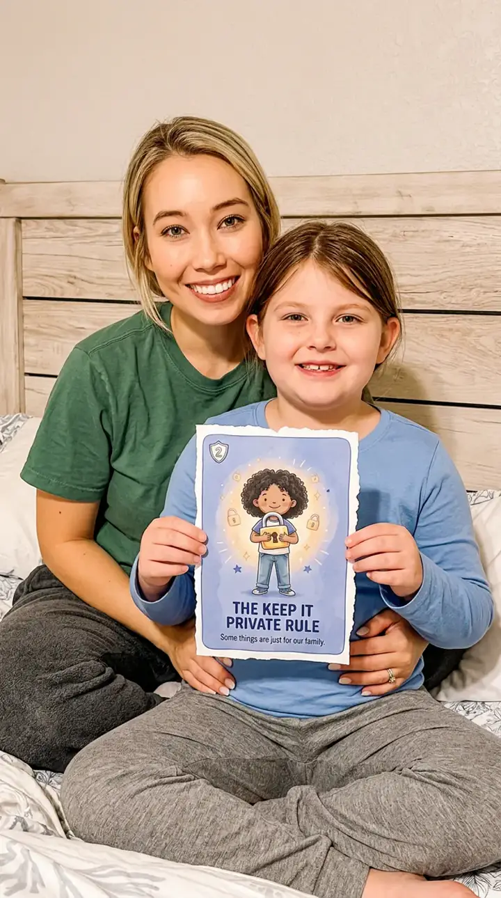 A mom and daughter reading the Keep It Private Rule card together