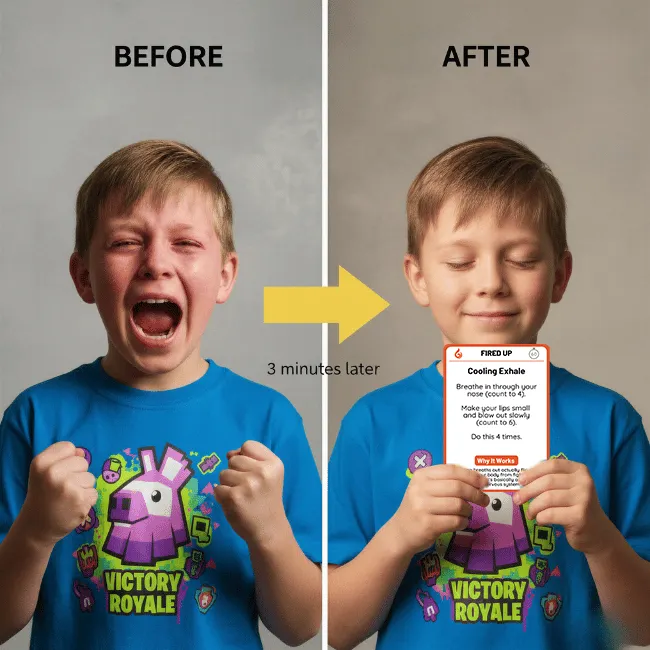 Child transformation - before meltdown to calm after using cards