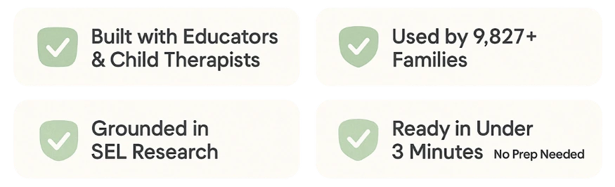 Trust Badges: Built by Educators & Therapists, Trusted by 111,868+ Families, Rooted in SEL, 90-Second Activities